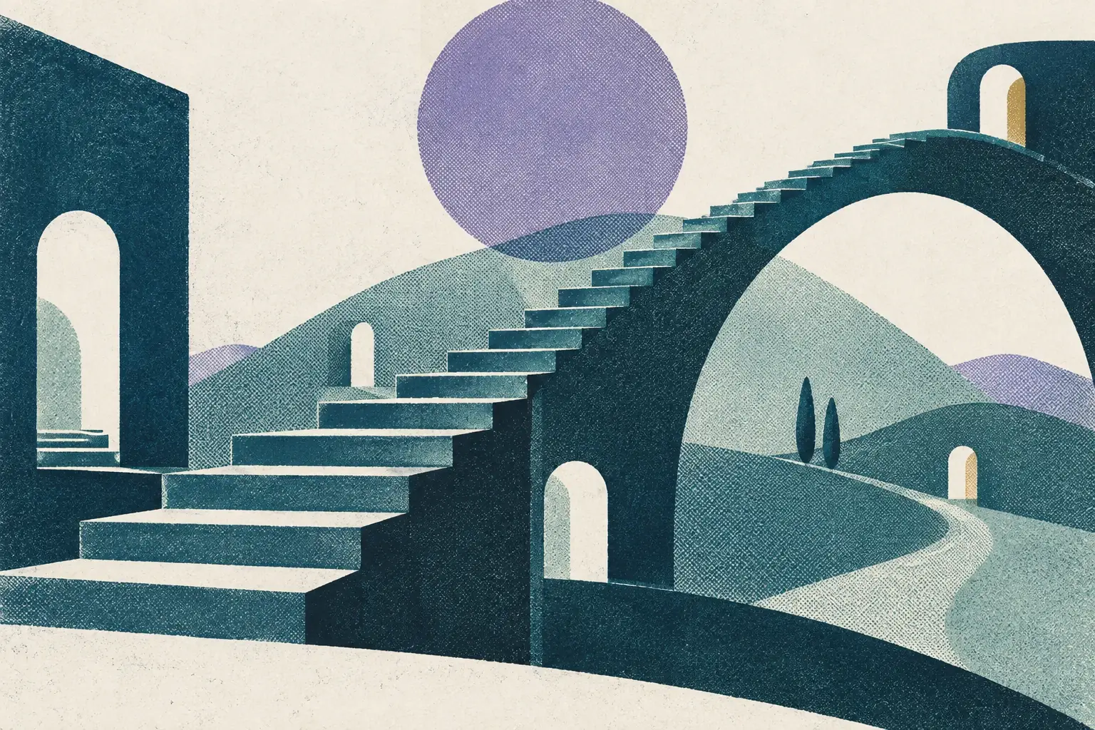 Risograph artwork of layered steps and a lavender sun representing goals and milestones