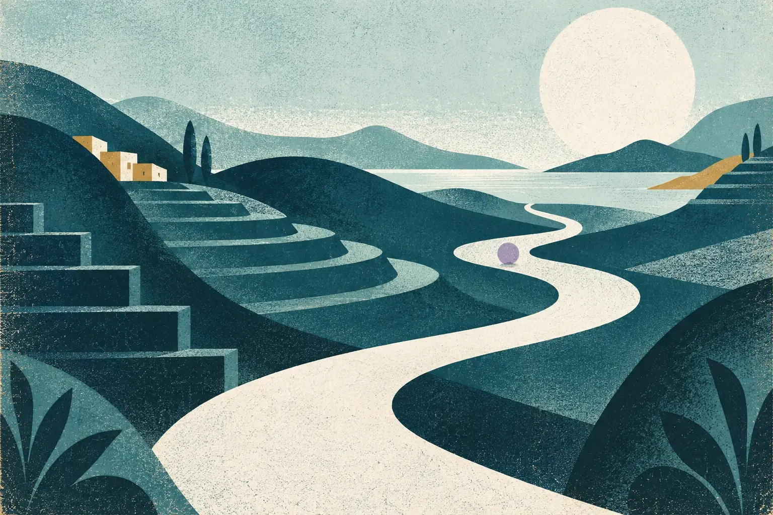 Risograph illustration of an ivory path winding through layered teal hills towards a sun